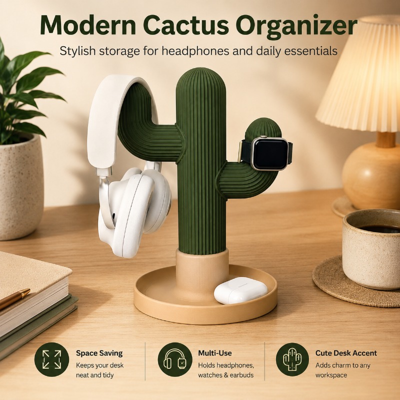 Desk Setup Organization - Penyangga Headset Minimalis Bentuk Kaktus Multifungsi,